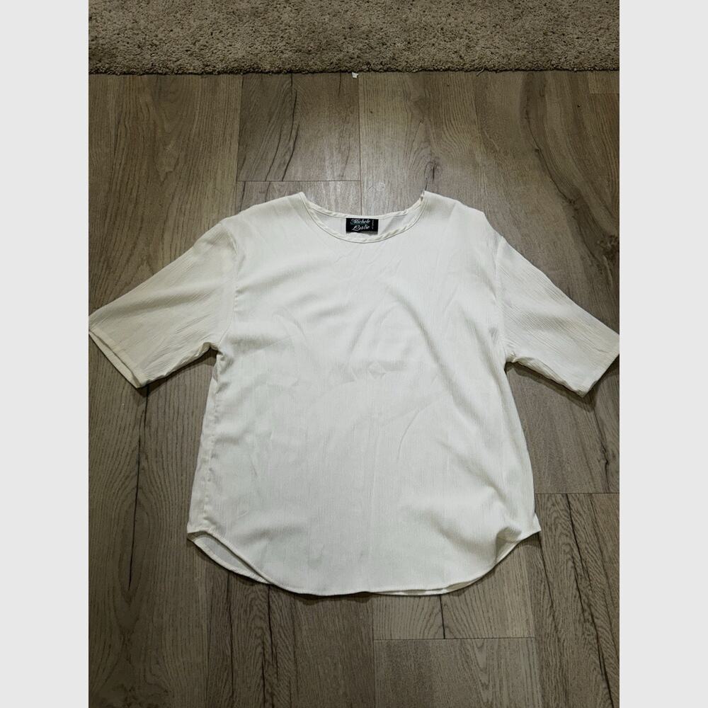 Michele Leslie Women's White Solid Round Neck Short Sleeve Pullover Blouse M